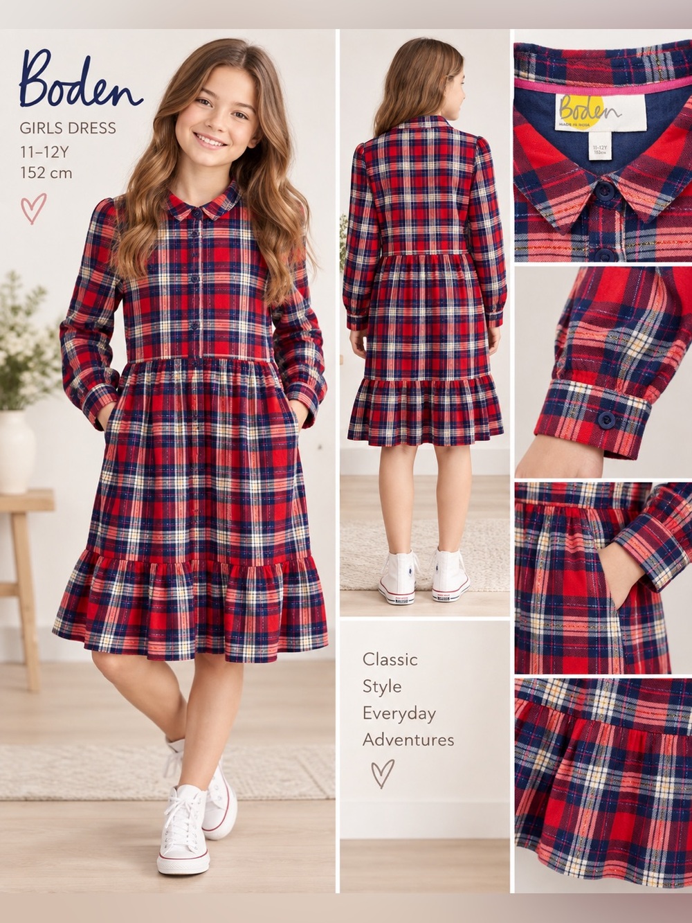 Boden Red, Navy & Cream Plaid Long-Sleeve Girls Dress